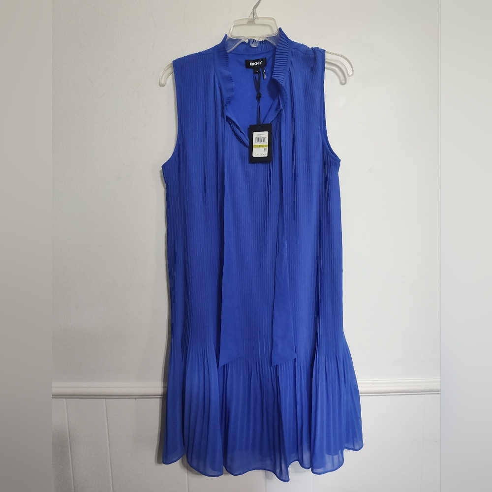 DKNY Sleeveless Pleated Tie Neck Shift Dress IRIS BLUE SIZE 14 NEW! NWT Easter